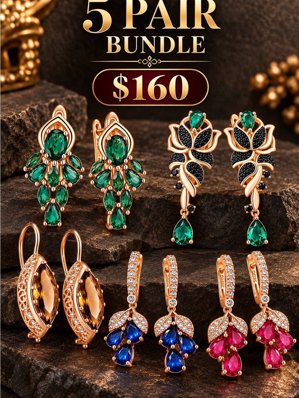Rose Gold Emerald Teardrop & Multi-Color Earring Set - 5 Pair Bundle